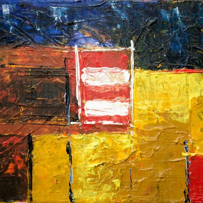 Colorful abstract acrylic painting with rich textures and dynamic patterns on canvas.